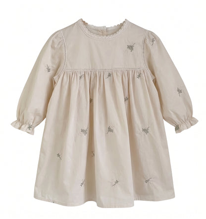 Front product view of cream vintage toddler girl long sleeve A-line dress featuring delicate floral embroidery and lace collar detail