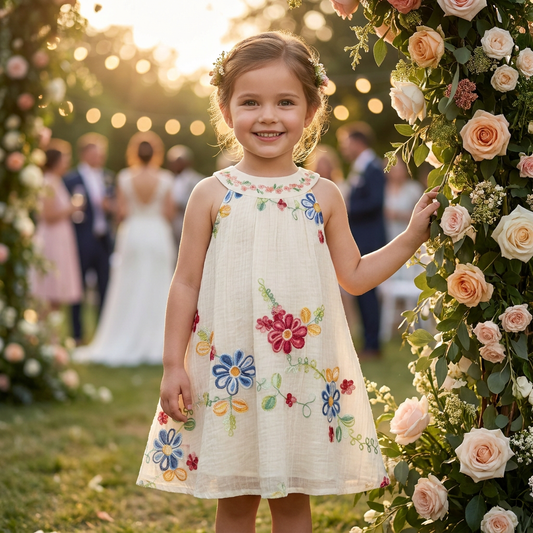Young girl wearing the ivory floral embroidered dress at an outdoor garden wedding, demonstrating the knee-length A-line fit.