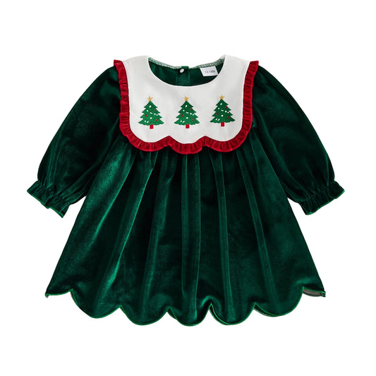 Toddler baby girl green velvet Christmas dress with embroidered tree scalloped bib collar and flared skirt