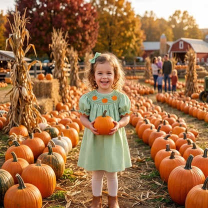 A smiling toddler girl with curly hair, wearing a mint green gingham smocked dress with embroidered pumpkins and white tights, stands in a large pumpkin patch holding a small orange pumpkin during a golden hour sunset. In the background are corn stalks, a red barn, and other people.