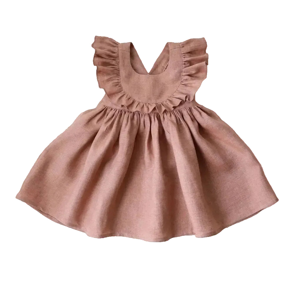 Dusty rose linen cotton ruffle sun dress for toddler girls featuring an open cross-back and gathered skirt.
