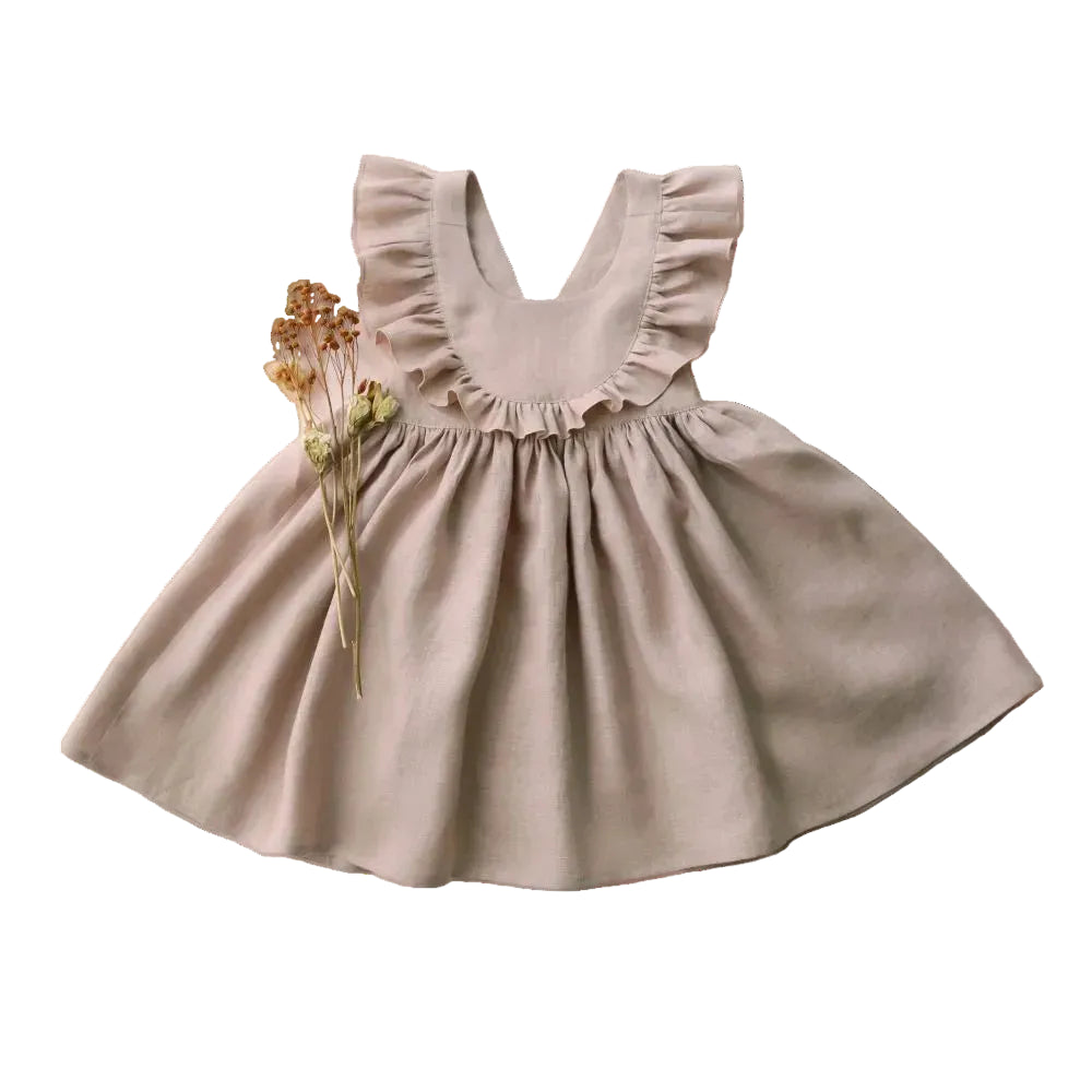 Neutral oatmeal beige toddler girl ruffle apron dress made from soft breathable linen cotton blend.