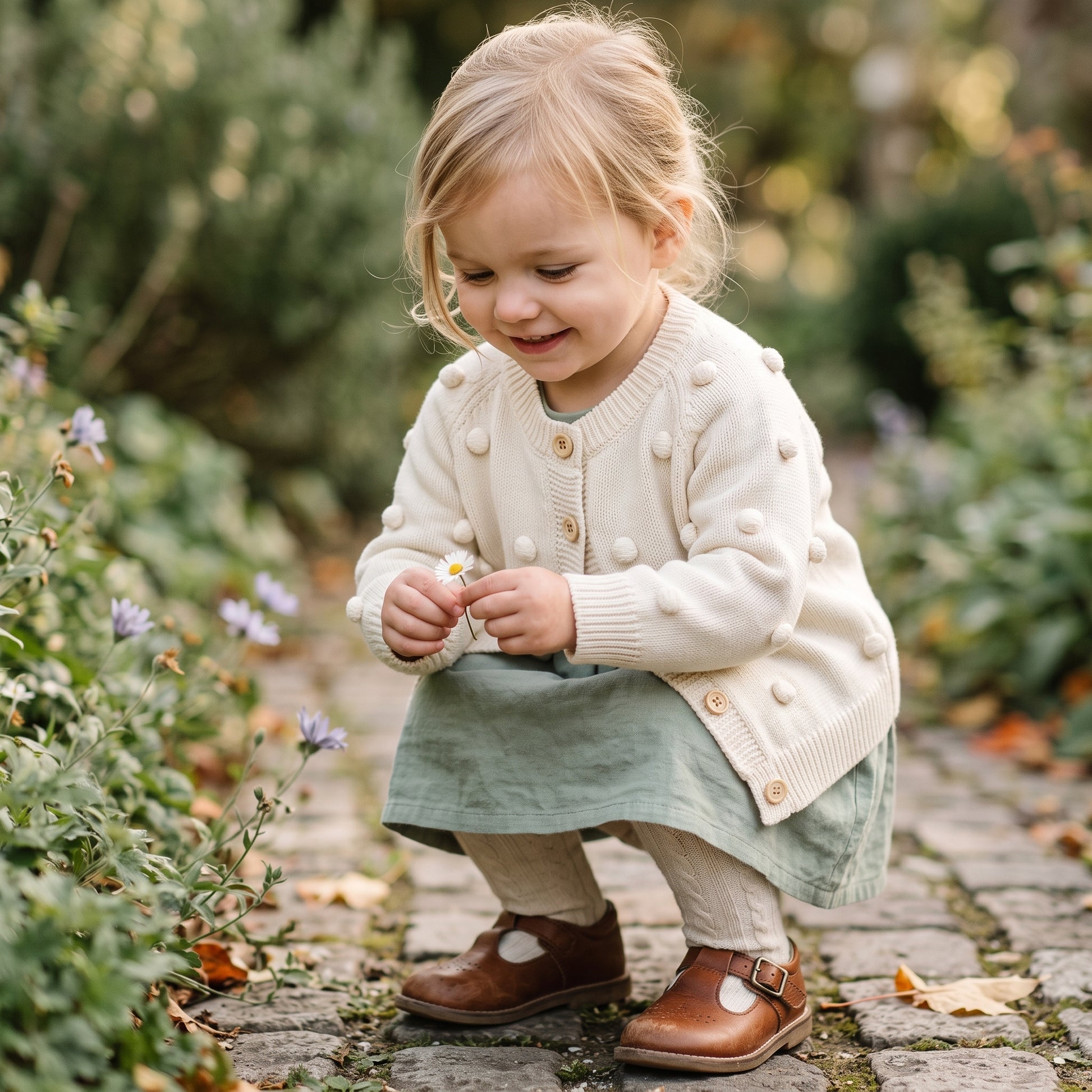 Toddler girl smiling outdoors wearing the cozy cream cotton knit pom-pom cardigan sweater over a dress.