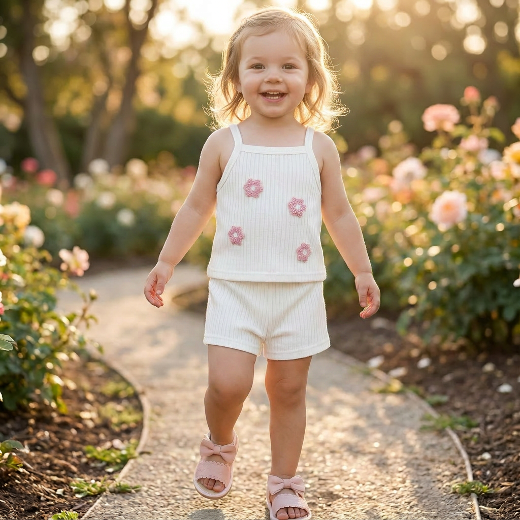 Happy toddler girl walking down a stone path in a sunny flower garden, wearing the petal white ribbed matching tank top and shorts set.