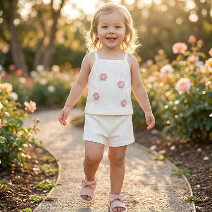 Happy toddler girl walking down a stone path in a sunny flower garden, wearing the petal white ribbed matching tank top and shorts set.
