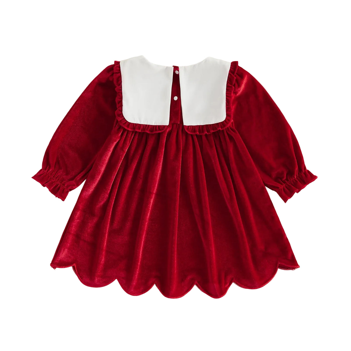 Back view of toddler girl red velvet Christmas dress featuring white scalloped bib collar and back closure buttons