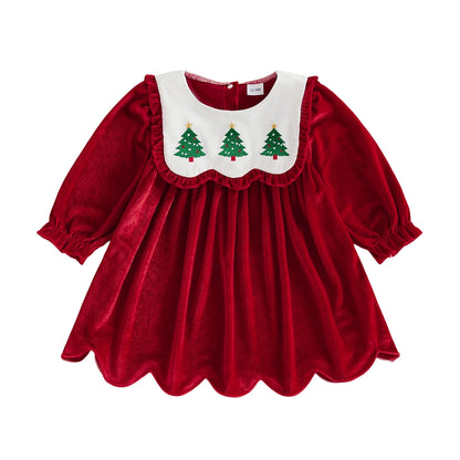 Toddler baby girl red velvet Christmas dress with embroidered tree scalloped bib collar and flared skirt