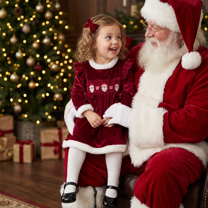Toddler girl wearing red velvet Christmas dress sitting on Santa Claus lap near Christmas tree