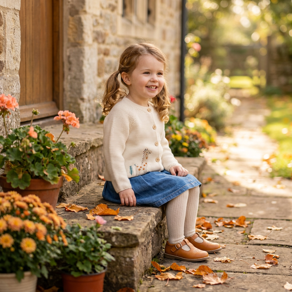 A 3-year-old girl sitting on stone cottage steps wearing the cream animal embroidered knit cardigan, denim skirt, cream tights, and tan Mary Jane shoes.