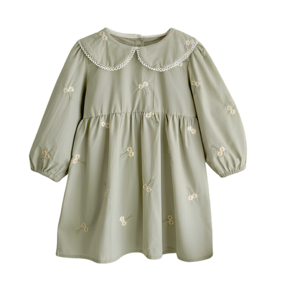 Front flat lay view of a sage green toddler girl dress featuring delicate white daisy floral embroidery and a scalloped lace Peter Pan collar.