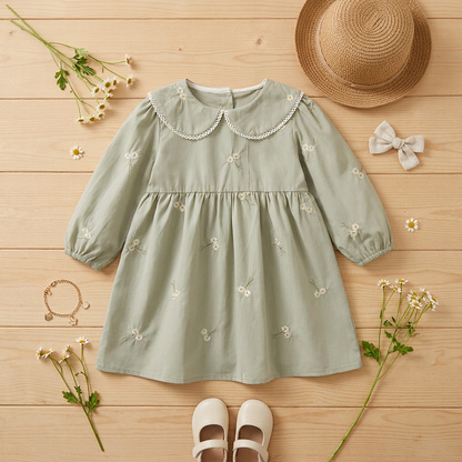 Overhead flat lay of the sage green daisy embroidered girls dress on a light wooden background styled with a straw hat and floral accessories.