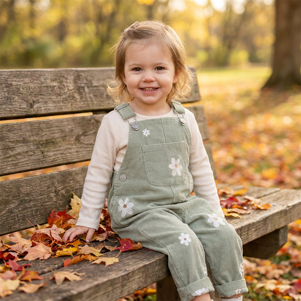 A smiling toddler girl wearing Sage Green floral embroidered corduroy overalls sitting on a park bench in autumn.