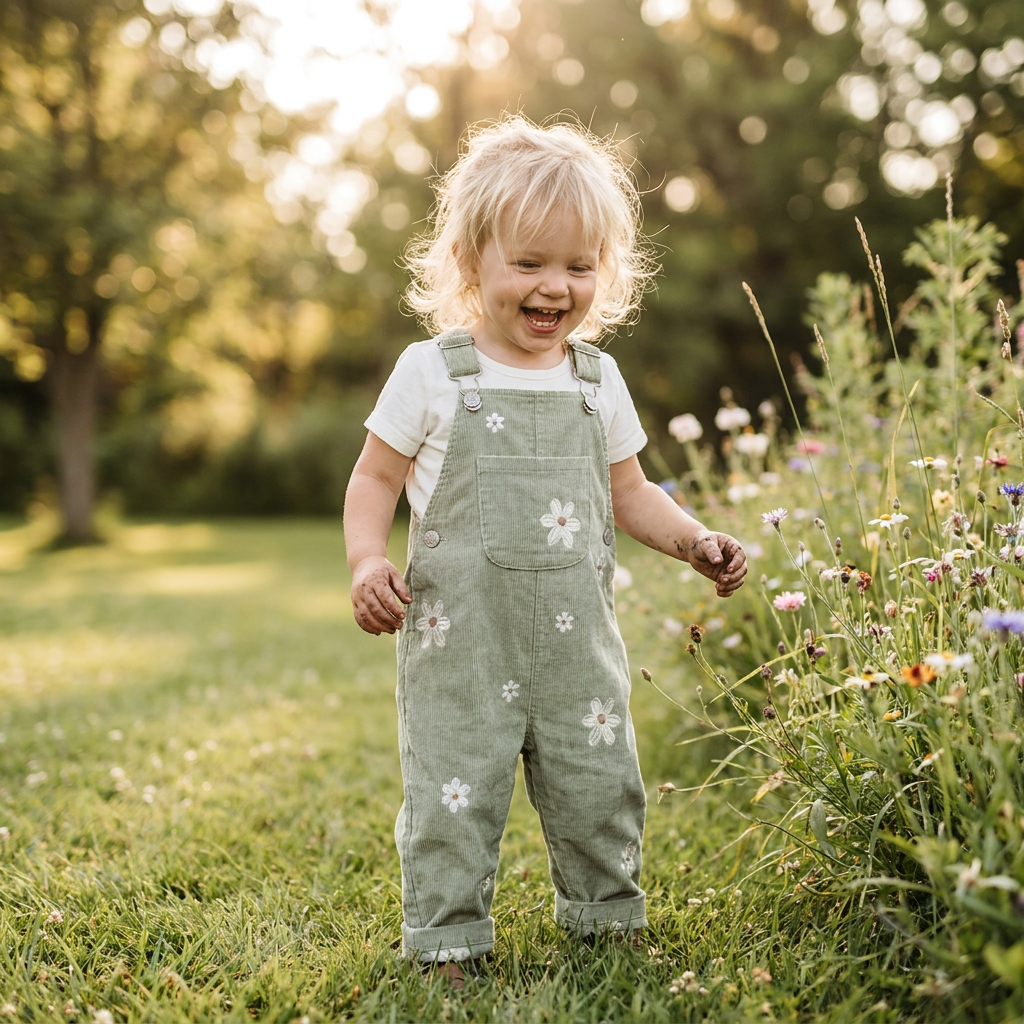 A happy toddler girl walking in a grassy field wearing Sage Green floral embroidered corduroy overalls.