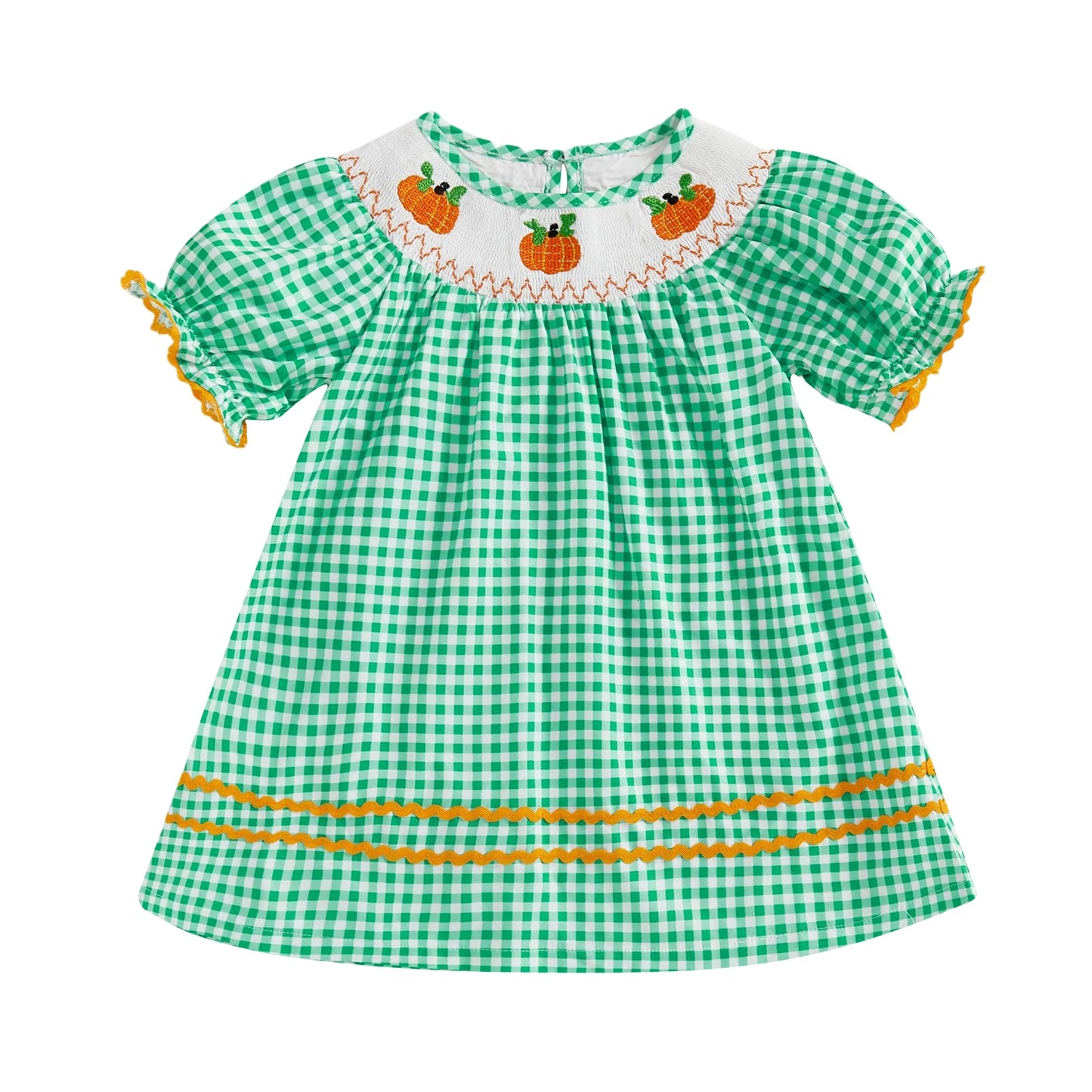 Bright green gingham smocked toddler dress with pumpkin embroidery and contrasting orange trim along the hem.