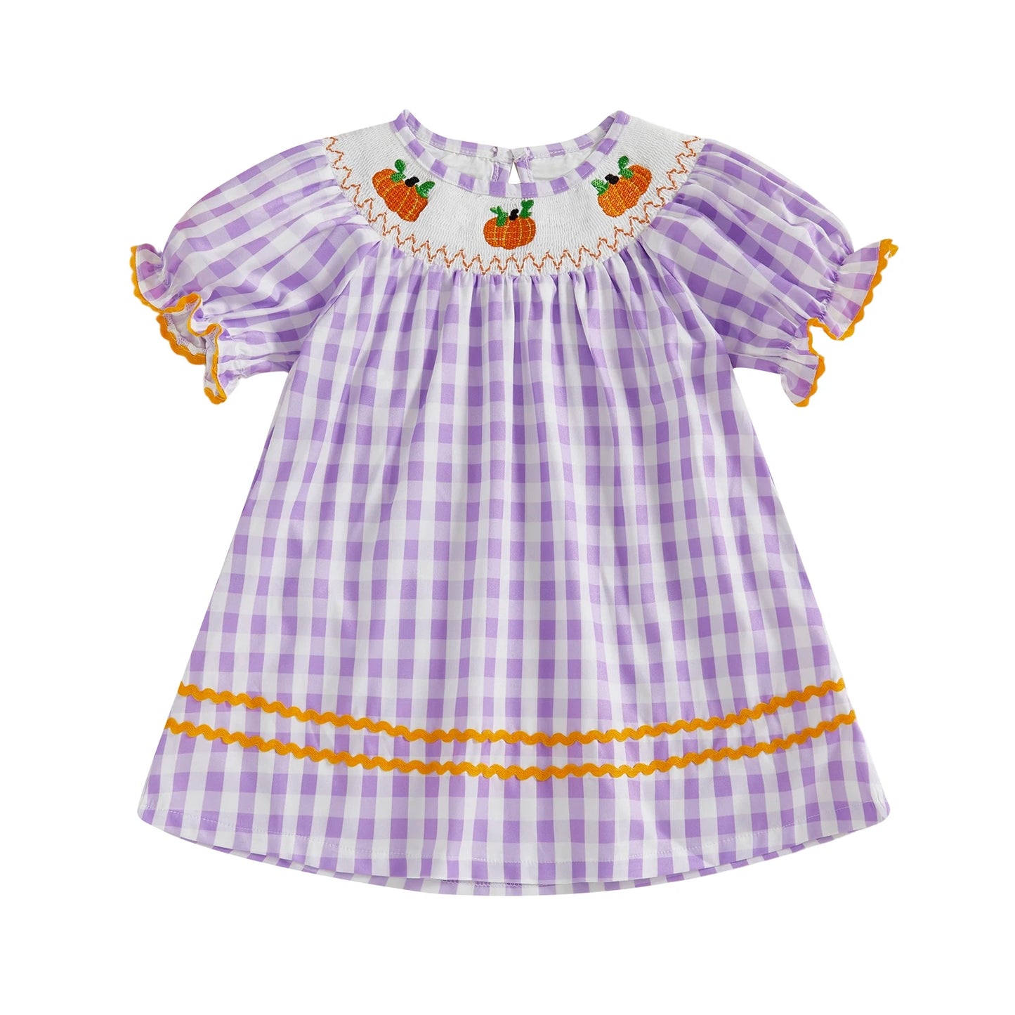 Lavender gingham smocked toddler dress featuring embroidered pumpkins along the neckline and orange trim.