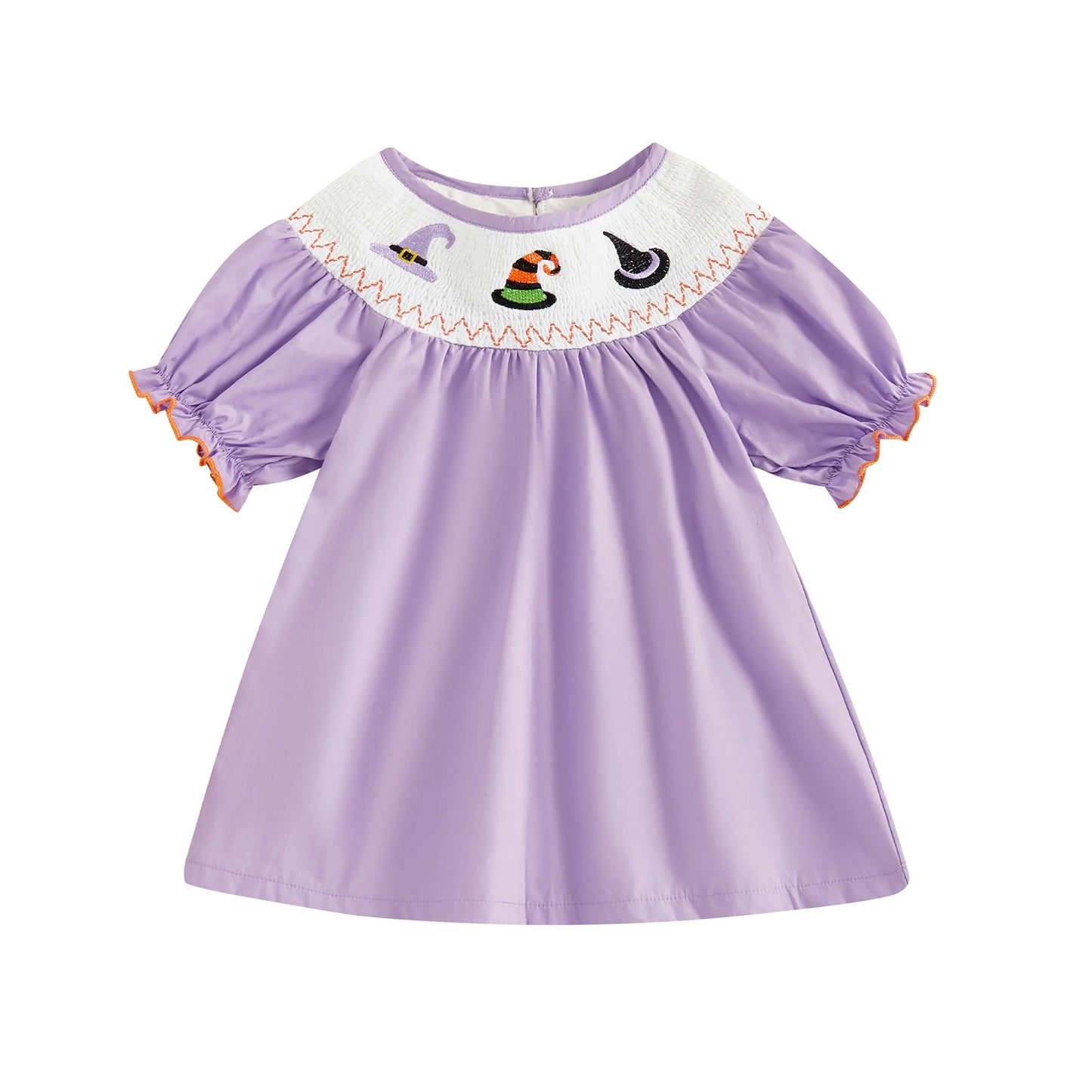 Solid lavender smocked toddler dress featuring embroidered Halloween witch hats along the neckline.