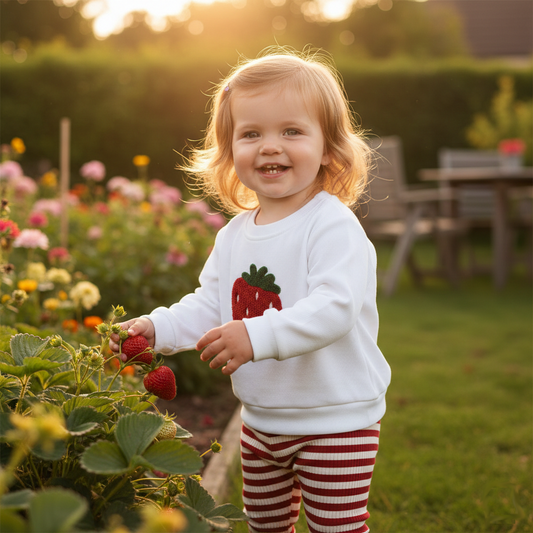Smiling toddler girl wearing the white strawberry pullover sweater and striped ribbed pants while playing outdoors next to a strawberry patch.
