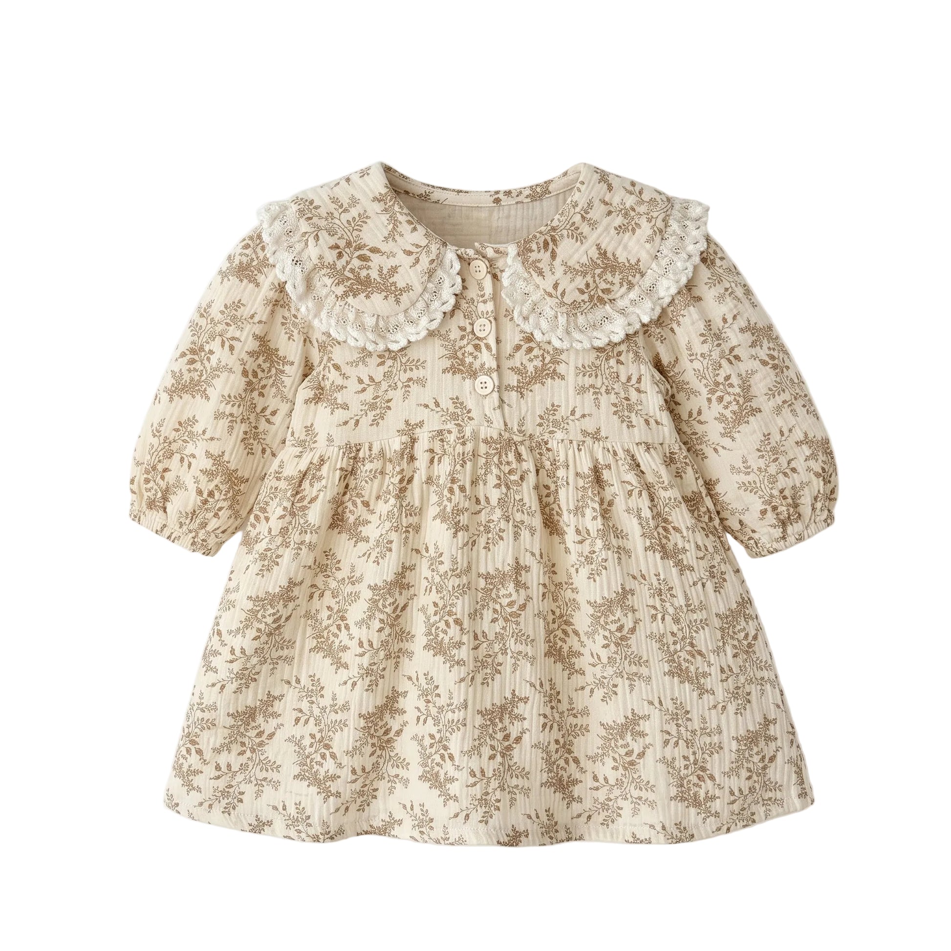 Toddler girl vintage cottagecore floral long sleeve dress with lace Peter Pan collar flat lay on white background.