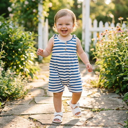 Happy toddler girl walking on a stone path wearing a blue and white striped sleeveless summer jumper.