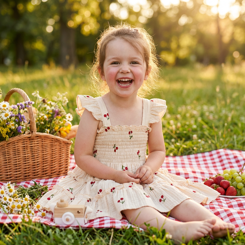 Young girl in a cream cherry print dress sitting on a picnic blanket with a basket and fruits in a park.