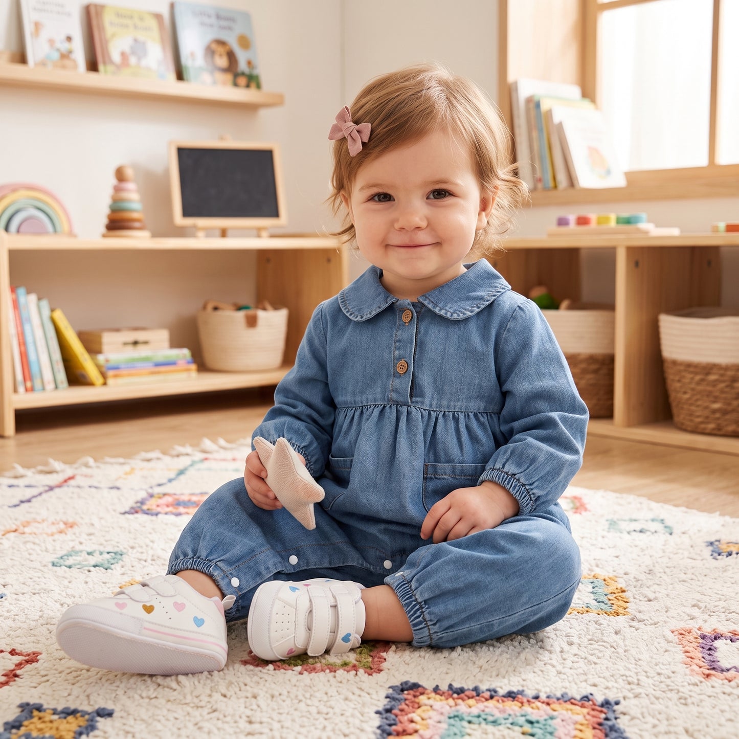 A toddler girl smiling and sitting on a playroom rug while wearing a blue denim long-sleeve jumpsuit.