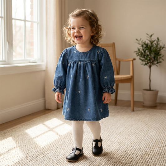 Smiling toddler girl modeling the blue denim smock dress with white tights and black shoes in a sunny room.
