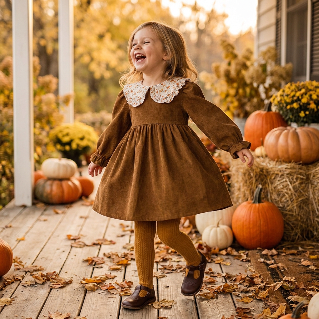 A little girl wearing a brown long-sleeve corduroy dress smiling on a rustic porch decorated with fall pumpkins.