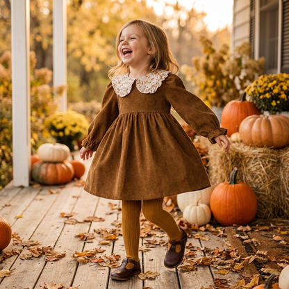 A little girl wearing a brown long-sleeve corduroy dress smiling on a rustic porch decorated with fall pumpkins.
