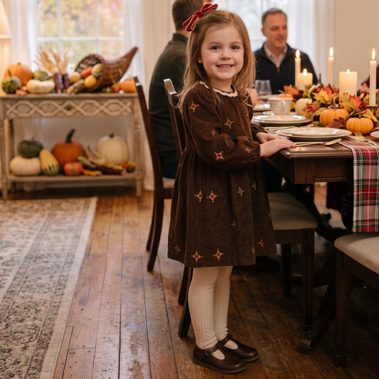 A smiling little girl standing near a festive autumn dining table wearing a long-sleeve brown corduroy dress paired with cream tights.