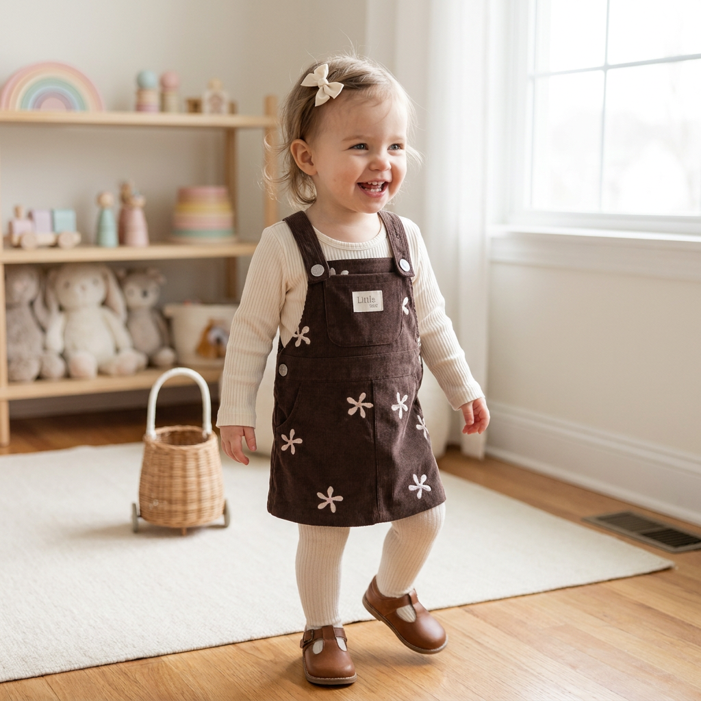 Toddler girl wearing the brown floral embroidered corduroy overall dress styled with a long-sleeve cream top.