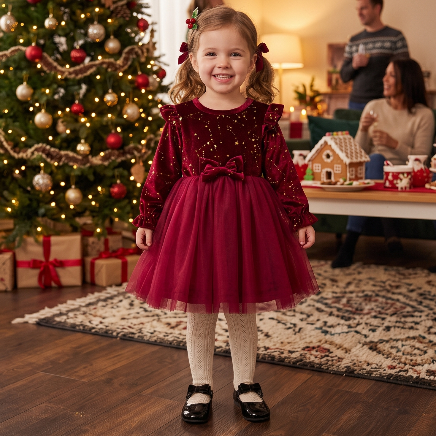 Toddler girl smiling in front of a decorated Christmas tree while wearing a long sleeve burgundy velvet and tulle holiday dress.