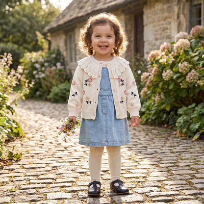 Toddler girl wearing cream floral embroidered knit cardigan over a denim dress on a cobblestone path.