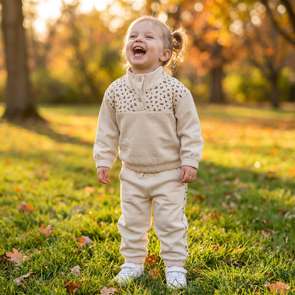 A happy toddler girl smiling and standing outdoors in a grassy park wearing the cream ditsy floral long-sleeve sweatshirt and matching joggers.