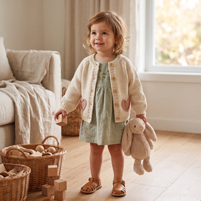 Toddler girl wearing cream heart pocket knit cardigan sweater over a sage green dress holding a stuffed bunny.