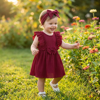 Happy toddler girl walking outdoors in a garden wearing the Kidsely dark red ruffle summer dress and matching headband.