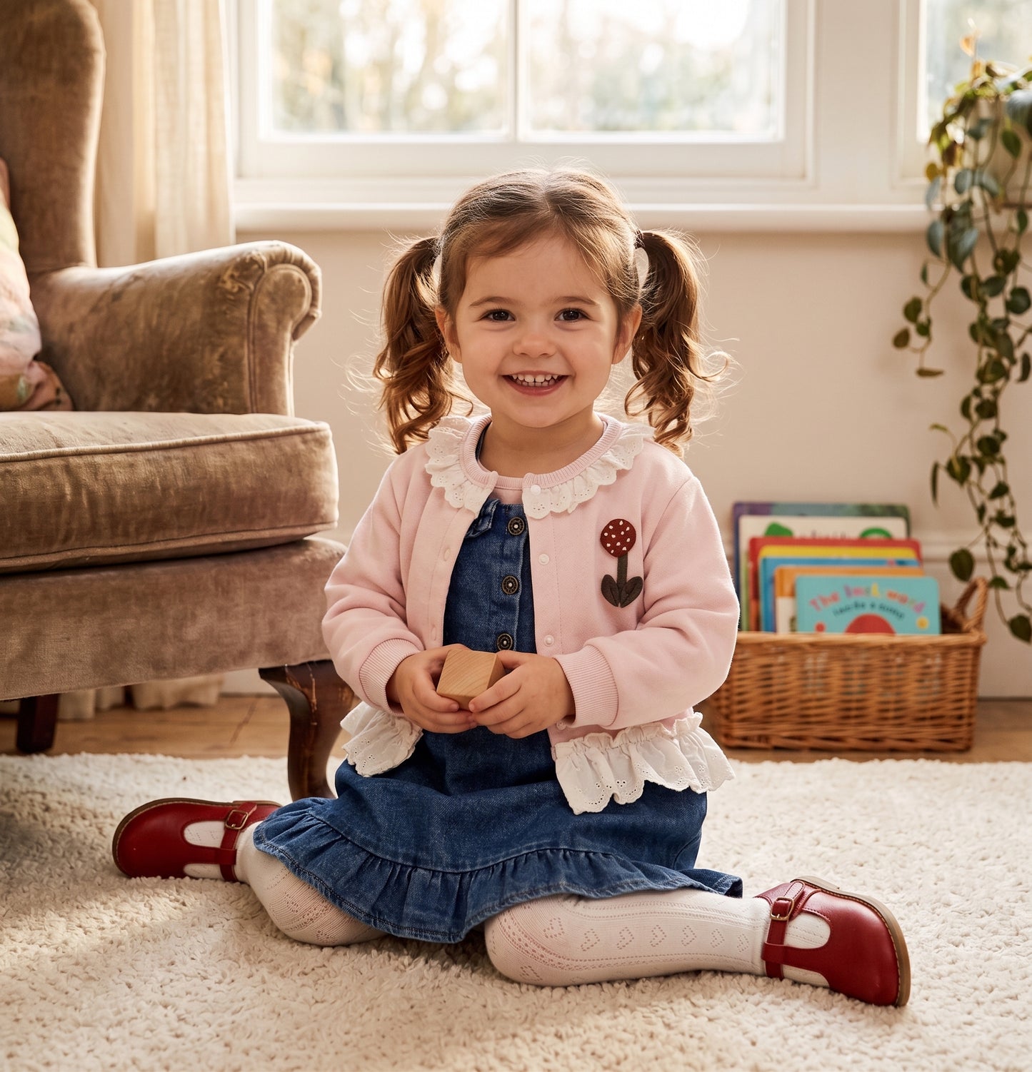 A smiling toddler girl sitting on the floor wearing the blue denim overall dress layered with a pink cardigan and white tights