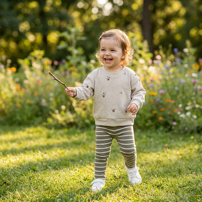 Toddler girl smiling and walking outdoors in a grassy field wearing a cottagecore floral ribbed sweatshirt and olive striped pants.