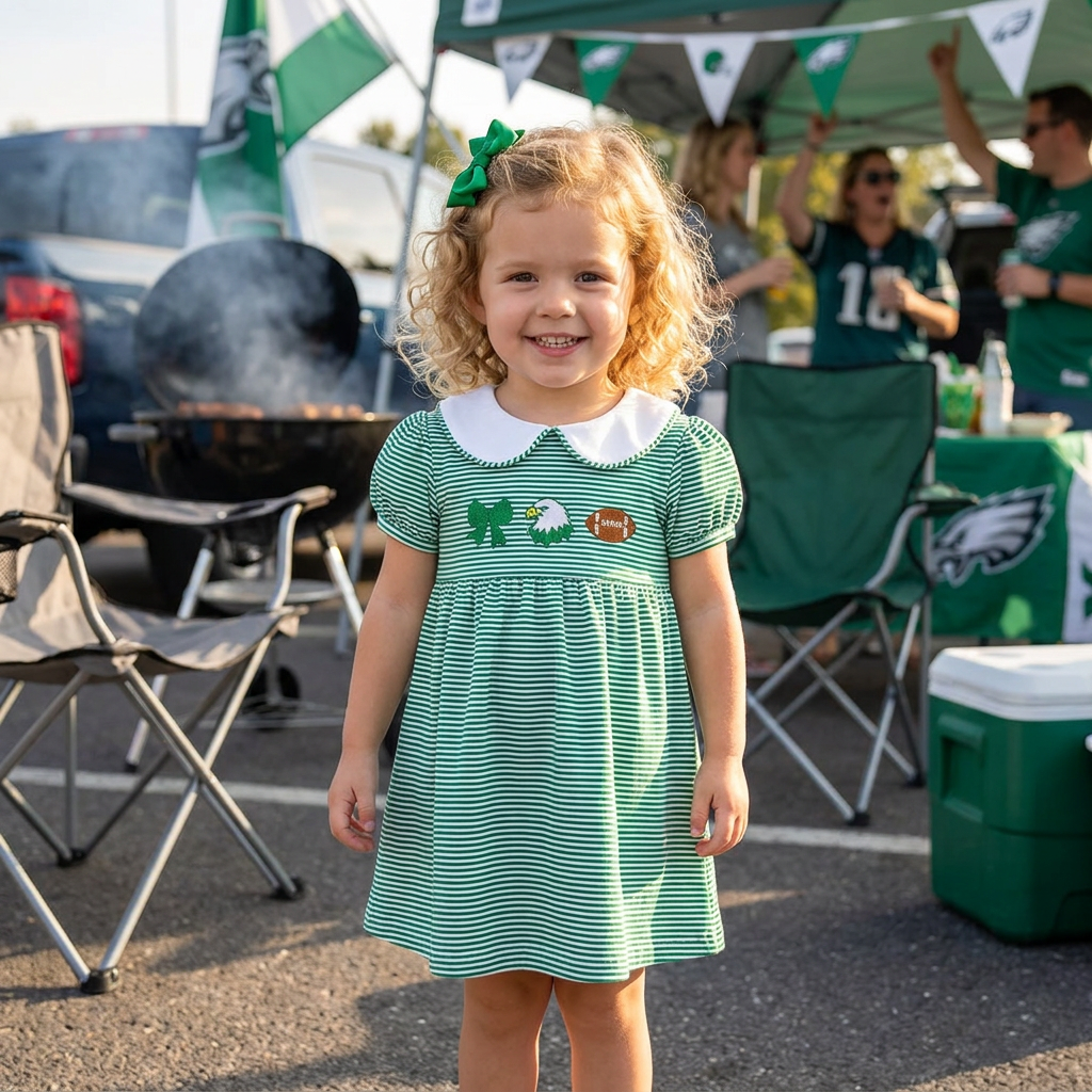A smiling toddler girl wearing the green striped game day dress standing outdoors at a football tailgate.