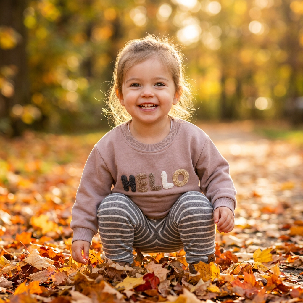 Happy toddler girl crouching in autumn leaves wearing the beige Hello long-sleeve top and grey striped play pants.