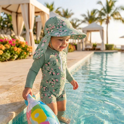 Toddler girl wearing a long sleeve rash guard swimsuit in a vintage rose pattern with a matching sun hat