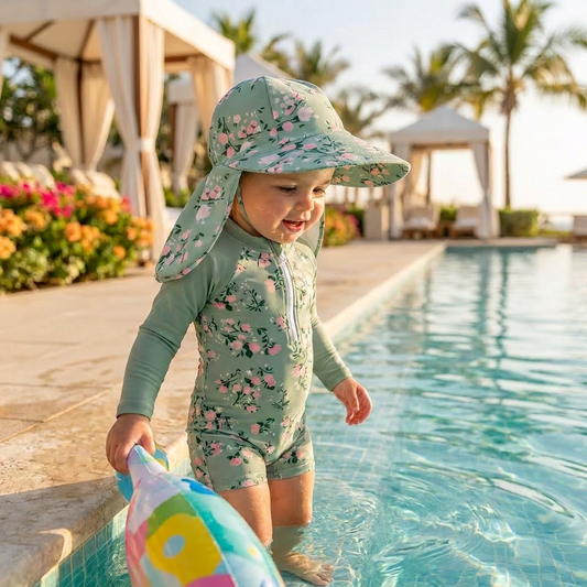 Toddler girl wearing a long sleeve rash guard swimsuit in a vintage rose pattern with a matching sun hat