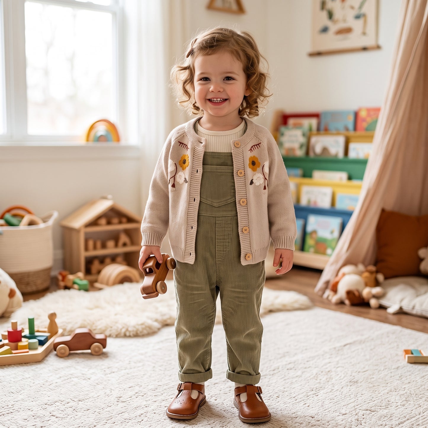 Toddler girl wearing an oatmeal floral embroidered knit cardigan sweater in a nursery room
