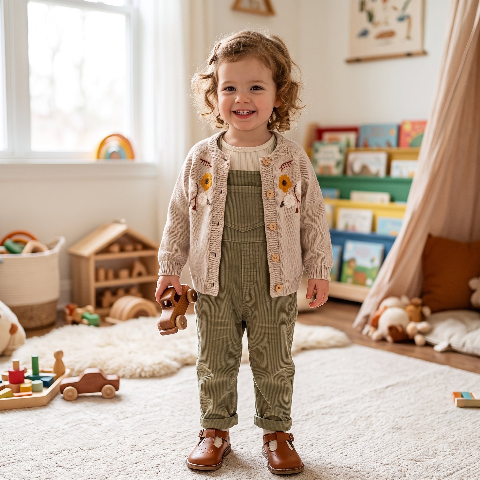 Toddler girl wearing an oatmeal floral embroidered knit cardigan sweater in a nursery room
