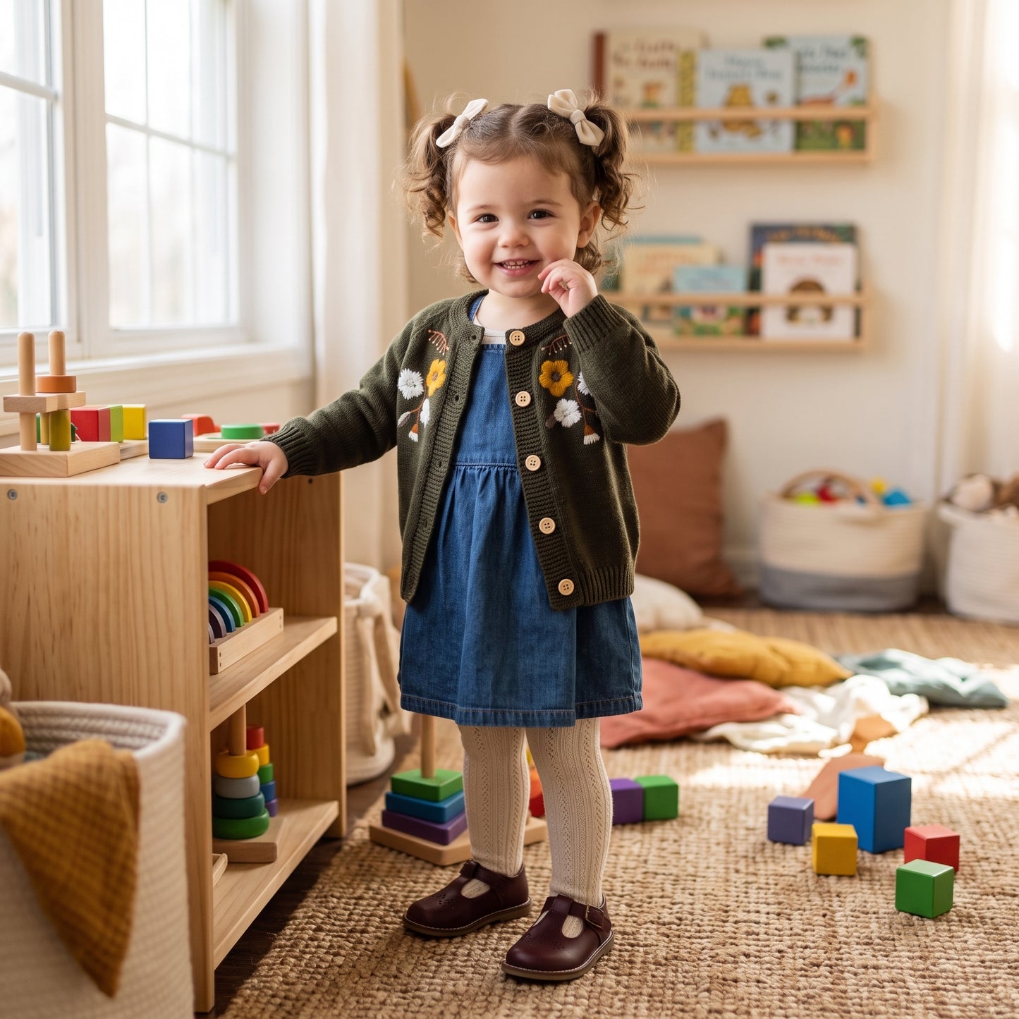 Toddler girl wearing an olive green floral knit cardigan over a blue dress in a playroom setting.