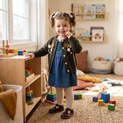 Toddler girl wearing an olive green floral knit cardigan over a blue dress in a playroom setting.