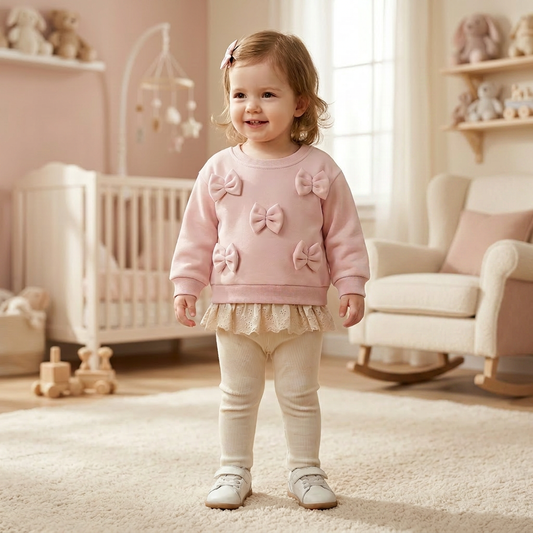 Toddler girl standing in a nicely decorated nursery wearing the cottagecore pink 3D bow sweatshirt with lace hem and cream ribbed leggings.