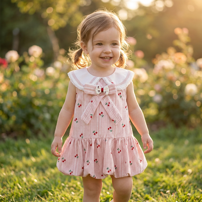 A happy toddler girl walking in a sunny garden wearing the pink cherry gingham bubble dress.