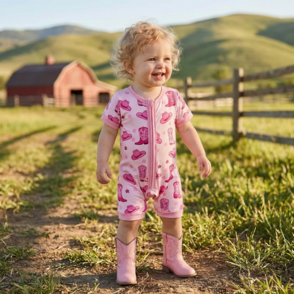 A smiling toddler girl wearing a pink western cowgirl romper and pink boots, standing on a dirt path with a red barn and wooden fence in the background.