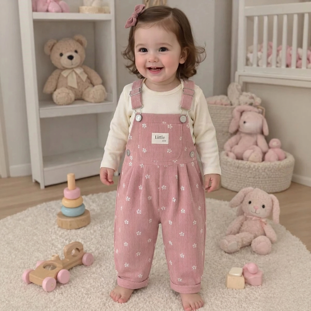Smiling toddler girl wearing pink floral corduroy overalls and a pink long-sleeve top standing in a cozy nursery.