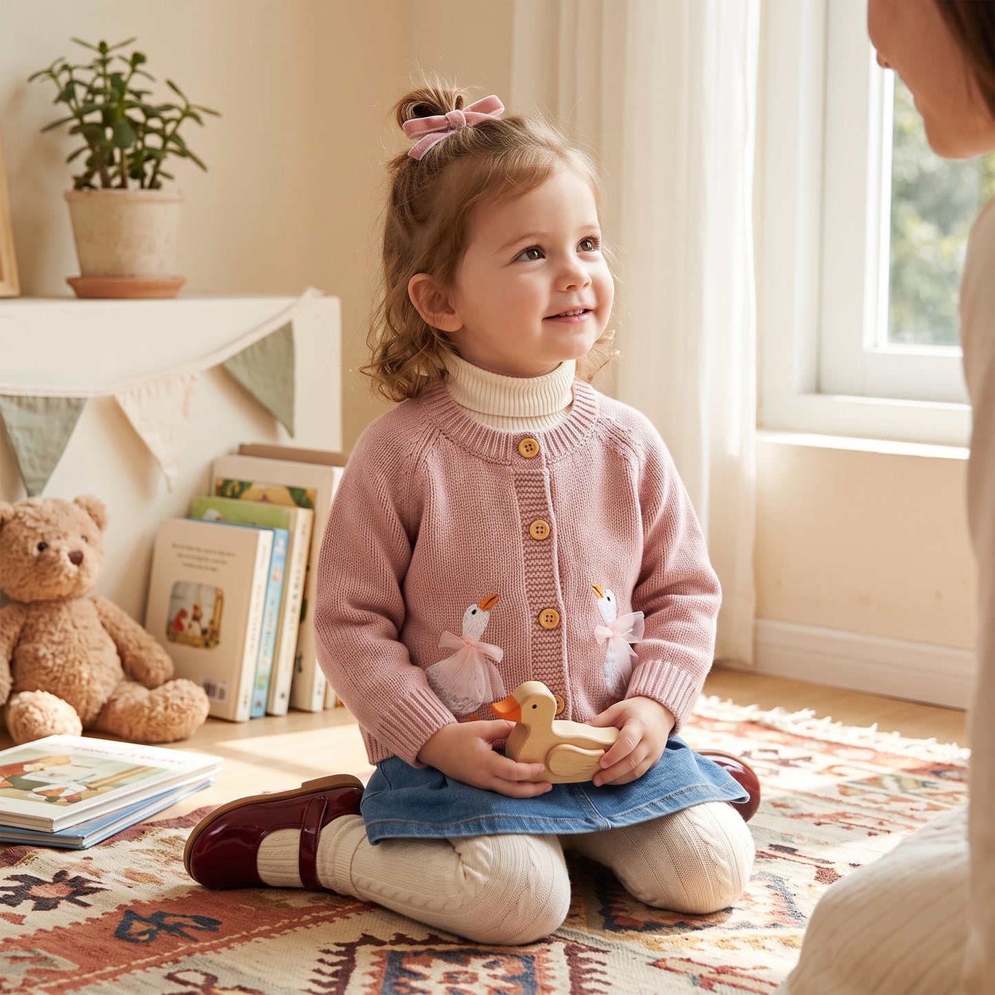 A toddler girl sitting indoors wearing a pink knit cardigan sweater with embroidered geese.